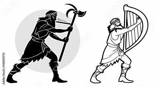 Ancient Bearded Warrior and Bard with Axe and Harp Graphic Silhouette and Line Art