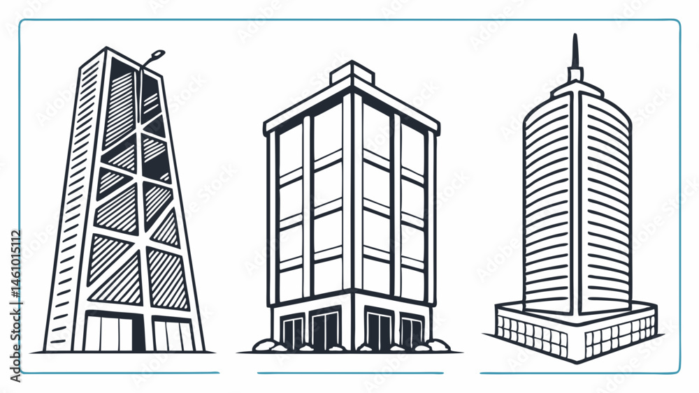 Fototapeta premium Three Modern City Buildings and Skyscrapers Black and White Line Art Illustration Set