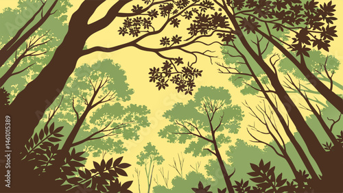 Stylized forest canopy illustration looking up through trees graphic art
