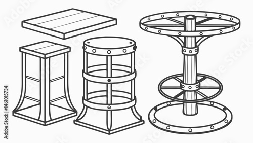 Industrial Steampunk Furniture Parts Metal Stool and Table Bases Wood Top Design Elements