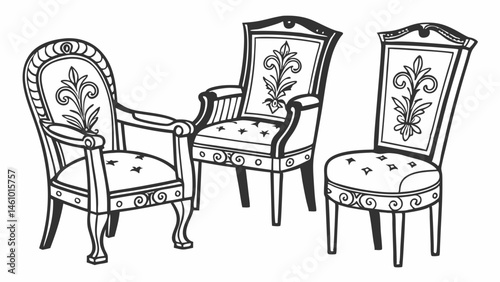 Elegant Vintage Style Ornate Upholstered Chairs Furniture Sketch Illustration