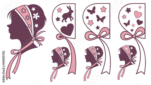Cute Baby Girl Silhouette Bonnet Design Illustration with Decorative Cutouts and Ribbon