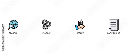 SERP banner web icon vector illustration concept for search engine result page with icon of web search, computer, search engine, mobile search, page result, and statistics graph