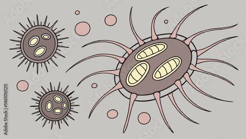 Spiky Microscopic Organisms Illustration Viruses Bacteria Cells Detailed Biology Microbiology Scientific Art Style