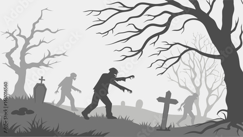 Undead Zombies Rising from Graves in a Spooky Cemetery Grayscale Silhouette Horror Scene with Fog