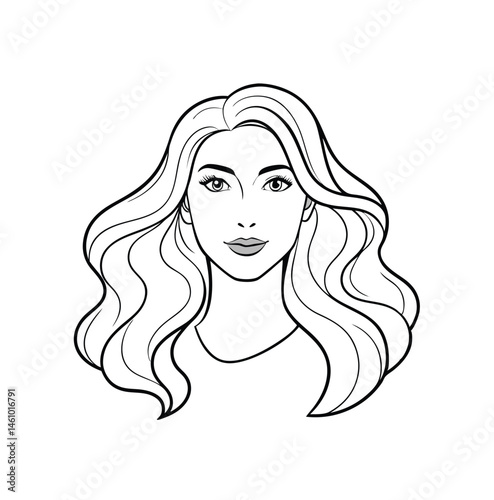 Beautiful girl with long wavy hair. isolated on white background. vector silhouette illustration black and white