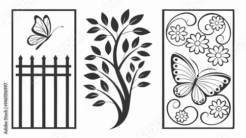 Decorative Laser Cut Panels Butterfly Tree Fence Flowers Nature Wall Art