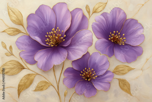 Elegant Purple Floral Oil Painting with Golden Accents on Light Background, Luxurious Decorative Botanical Artwork