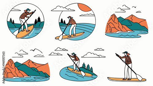 Stand Up Paddleboarding Outdoor Nature Landscape Line Art Illustrations