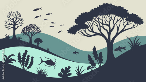 Stylized Layered Silhouette Nature Landscape with Trees, Flying Fish, and Ancient Aquatic Life