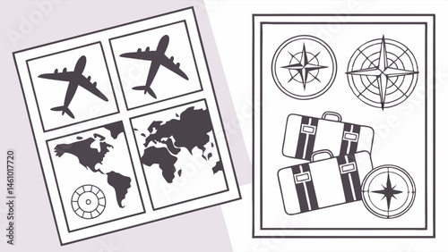 Black White Travel Icons Set Airplanes World Maps Compasses Suitcases Journey Vacation Illustration