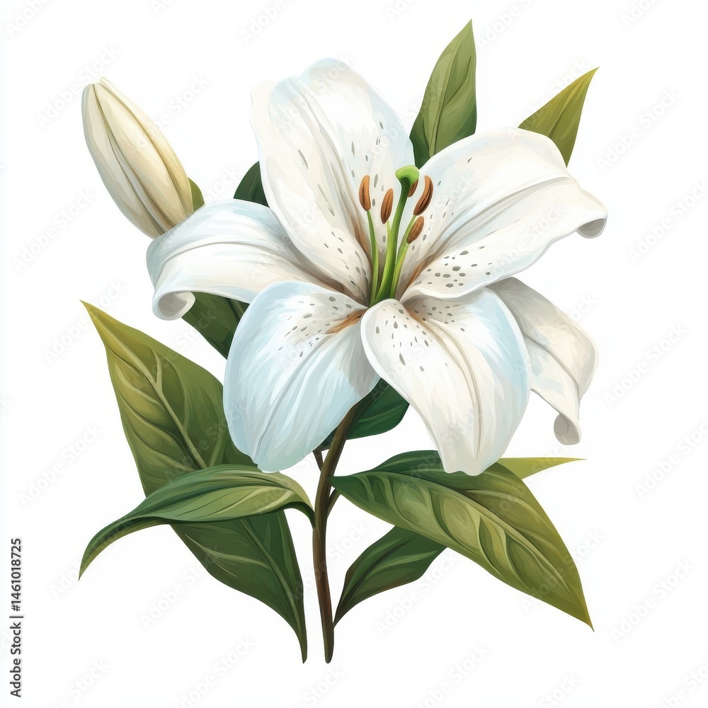 Fototapeta premium White lily with leaves, isolate on white background.