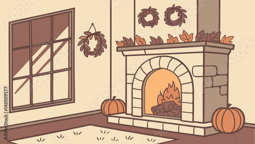 Cozy Autumn Living Room Illustration with Fireplace, Pumpkins, Wreaths, and Fall Decor Art