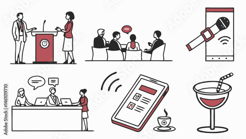 Simple Line Art Business Meeting Presentation Communication Technology Networking Icons Set Illustration Red Accents