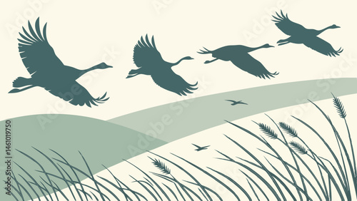 Silhouette Illustration of Migrating Birds Flying Over a Nature Landscape with Hills and Reeds
