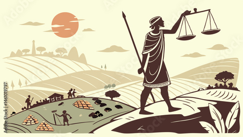 Stylized Ancient Justice Figure Holding Scales and Spear in Agricultural Landscape Illustration
