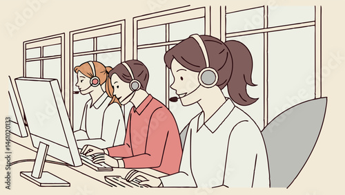 Illustration of diverse call center agents wearing headsets working at computers in office cubicles