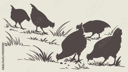 Vintage Silhouette Illustration of Five Chickens Foraging in Grass Rustic Farm Scene
