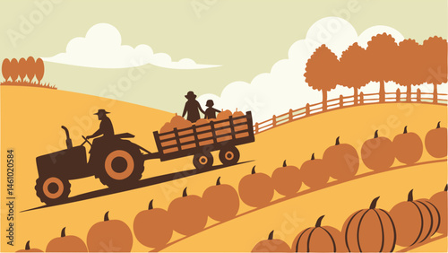Autumn Farm Pumpkin Harvest with Tractor, Trailer, Family, and Rolling Hills - Flat Art