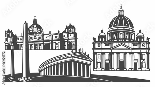 Detailed Black White Vector Drawing Vatican City Rome Skyline St Peter's Basilica Obelisk Colonnade Architectural Landmark Illustration