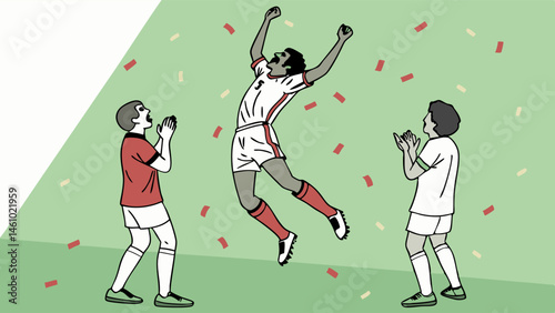 Joyful illustrated soccer team celebrating victory jumping and cheering with confetti