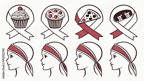 Illustrated awareness ribbons food cupcakes pizza dessert and profile drawings of people wearing red headscarves line art