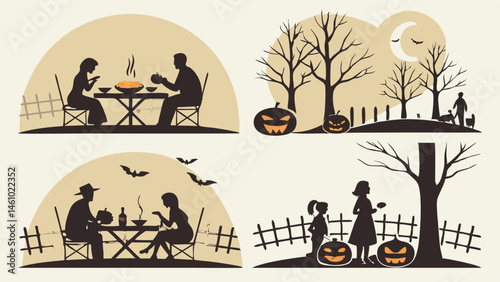 Vintage Halloween Silhouette Scenes, Spooky Graveyard, Couple Dining, Trick or Treat Family, Moonlit Night
