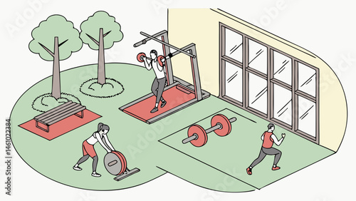 Fitness illustration of people exercising in a modern indoor outdoor gym lifting weights running sled push
