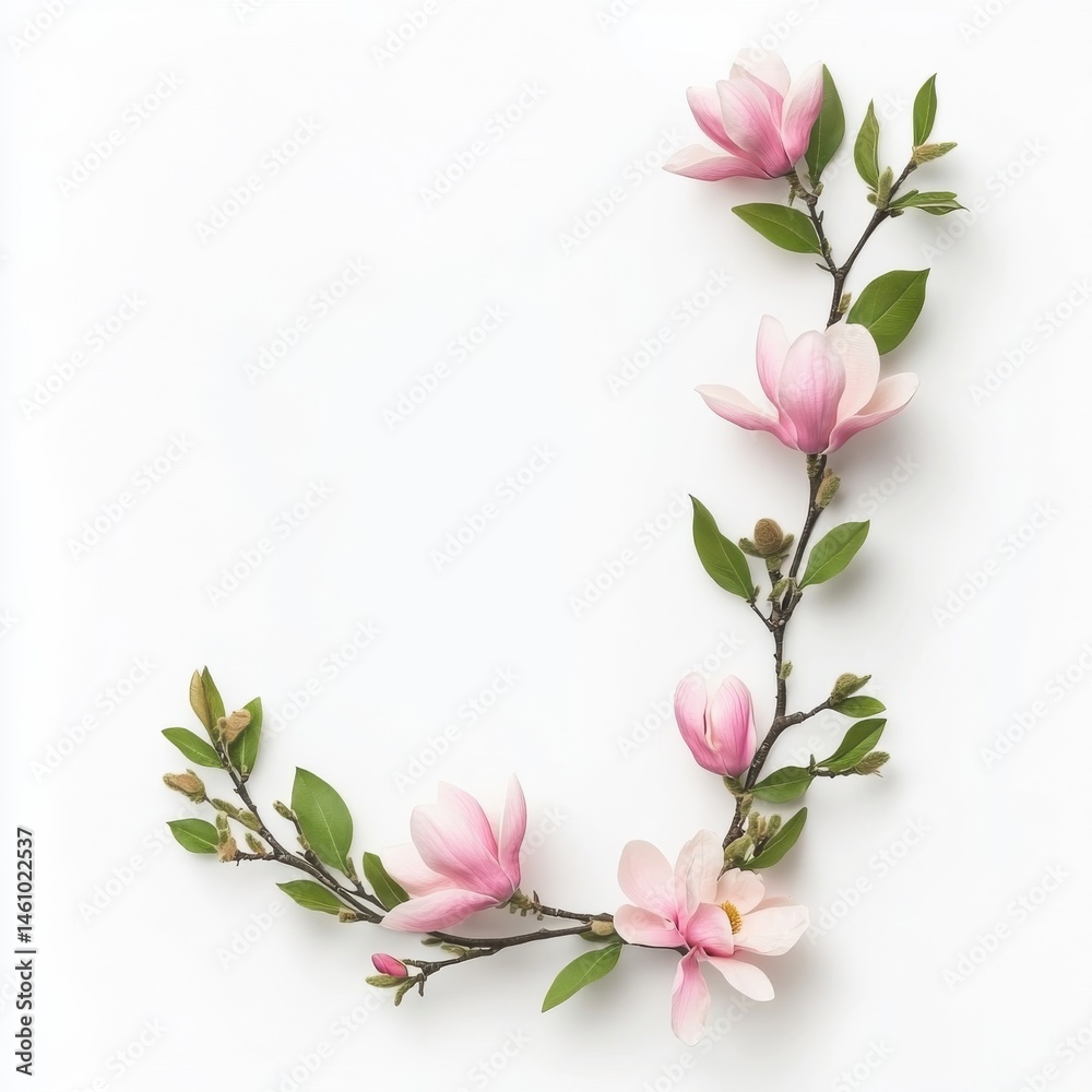 Obraz premium Delicate magnolia blooms arranged in a graceful frame, isolate on white background.