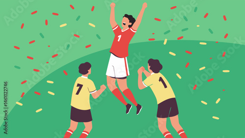Flat Illustration of Happy Sports Team Celebrating Victory Jumping with Confetti