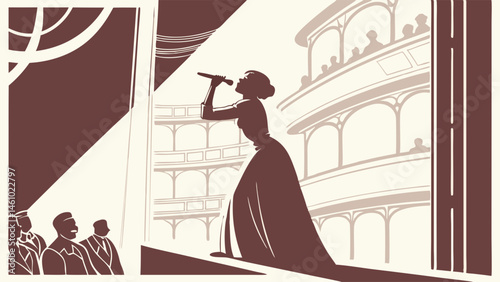 Vintage Style Illustration Elegant Female Singer Performing Live on Stage in a Grand Theater with Audience Balconies