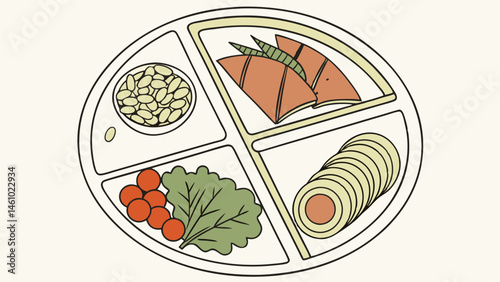 Illustration of a healthy balanced meal on a divided plate with grilled fish, beans, salad, and eggs.