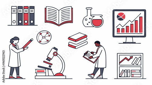 Scientific Research Education Lab Work Data Analysis Modern Line Art Icons