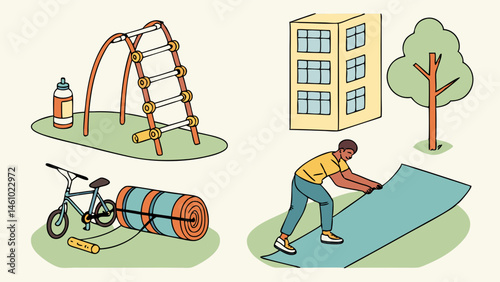 Simple Illustration of Outdoor Fitness Activities Park Exercise Yoga Mat Bike Playground