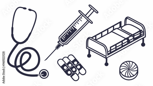 Healthcare and Medical Treatment Icons in Black and White Line Art Stethoscope Syringe Hospital Bed Pills
