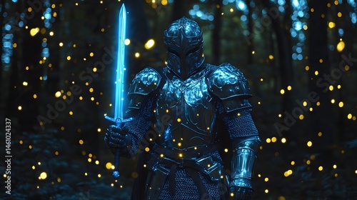 Silver-armored elf warrior holding a glowing blue sword in a dark enchanted forest illuminated by fireflies