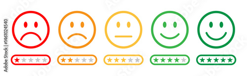Feedback rating scale with five emoji faces from sad to happy and corresponding 1 to 5 star ratings below. Perfect for surveys, reviews, customer satisfaction. Rating emoji, feedback emoji, icon.