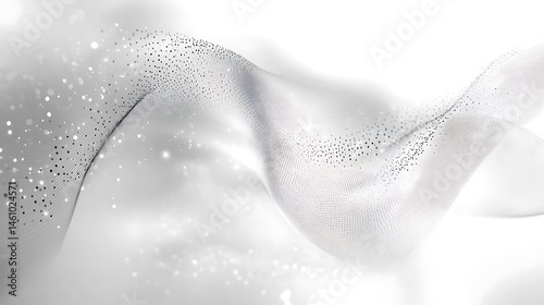 Abstract design with flowing silver lines and shimmering particles.