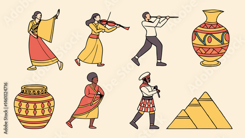 Flat Illustration of World Cultures Ancient History Music Art People Instruments Pyramids and Vases