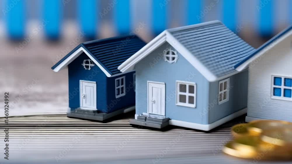 Miniature houses with rising bar graph and gold coins depict a growing real estate market and mortgage rates