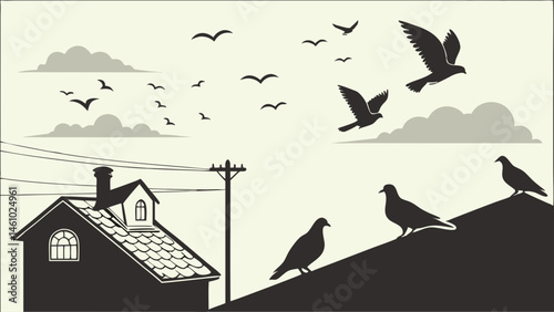 Monochrome silhouette of pigeons perched on a rooftop and birds flying in the cloudy sky