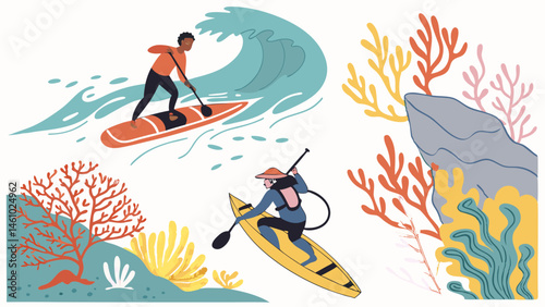 Colorful flat illustration of ocean water sports stand up paddleboarding and kayaking near coral reefs