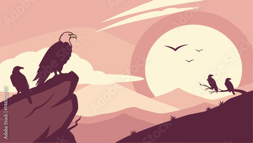 Flat Illustration of Majestic Eagles on Rocks and Branches at Sunset in a Mountain Landscape