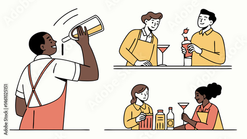 Diverse People Bartending and Enjoying Drinks in a Simple Flat Illustration Style Bar Scene