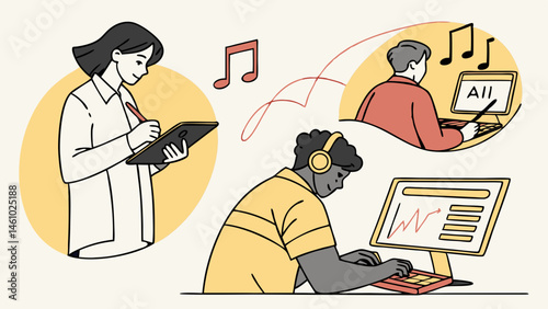 Remote Online Collaboration Creative Work Music AI Data Analysis Online Learning Flat Illustration