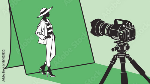 Stylized Illustration Fashion Model Posing Green Screen Studio Photo Shoot