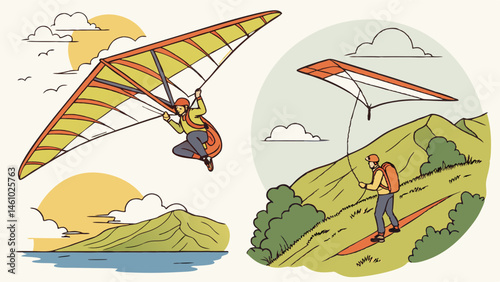 Hand Drawn Illustration of Hang Gliding Pilot Launching from Hill and Flying Over Water Landscape at Sunset