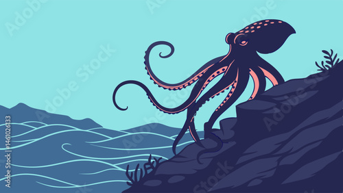 Determined Purple Octopus Climbing Coastal Rock from Blue Ocean - Stylized Vector Art