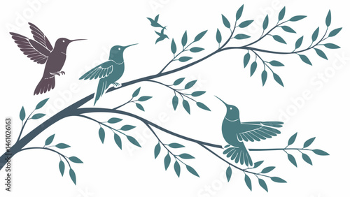 Teal and Grey Stylized Hummingbirds on Branch Nature Illustration