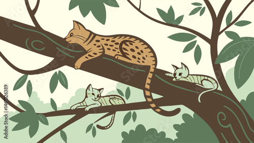 Illustrated spotted cat and two striped kittens resting on a thick tree branch in a green forest